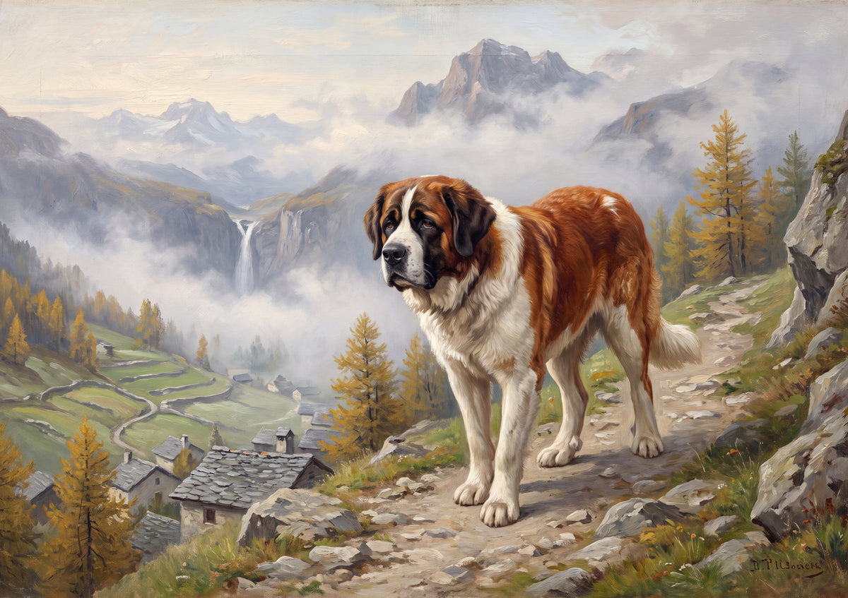 Saint Bernard in the Misty Valley Morning jigsaw puzzle