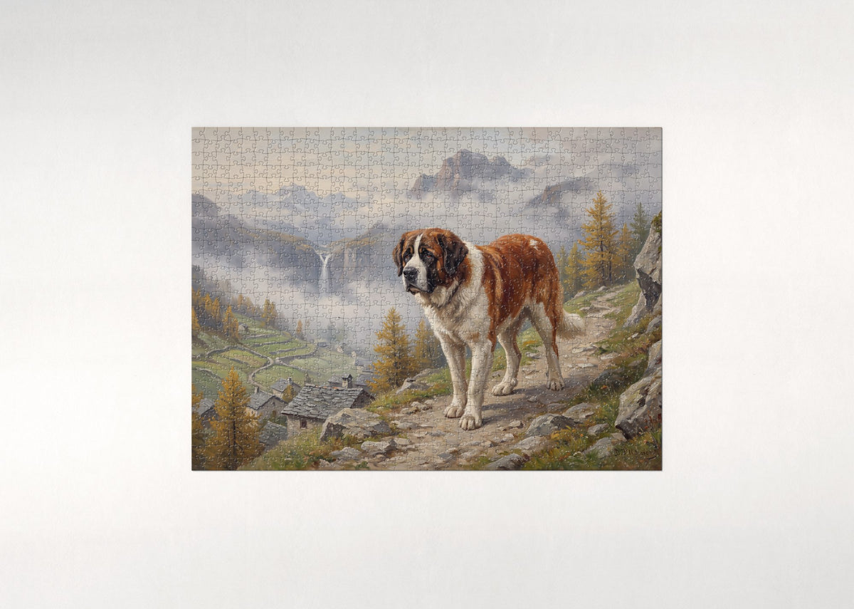 Saint Bernard in the Misty Valley Morning jigsaw puzzle - flat puzzle