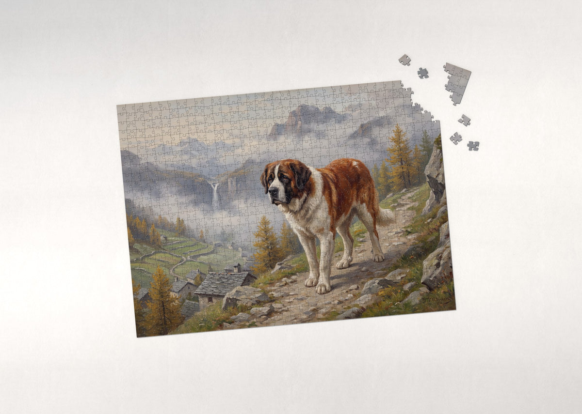 Saint Bernard in the Misty Valley Morning jigsaw puzzle - puzzle with loose pieces