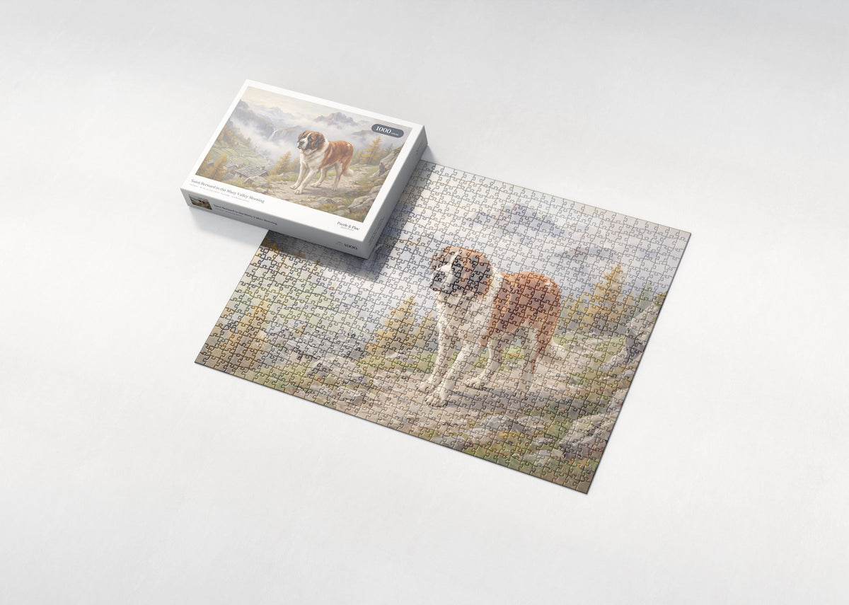 Saint Bernard in the Misty Valley Morning jigsaw puzzle - box and puzzle