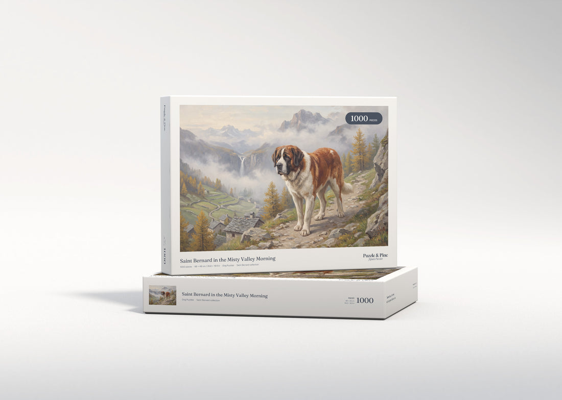 Saint Bernard in the Misty Valley Morning jigsaw puzzle - gift box