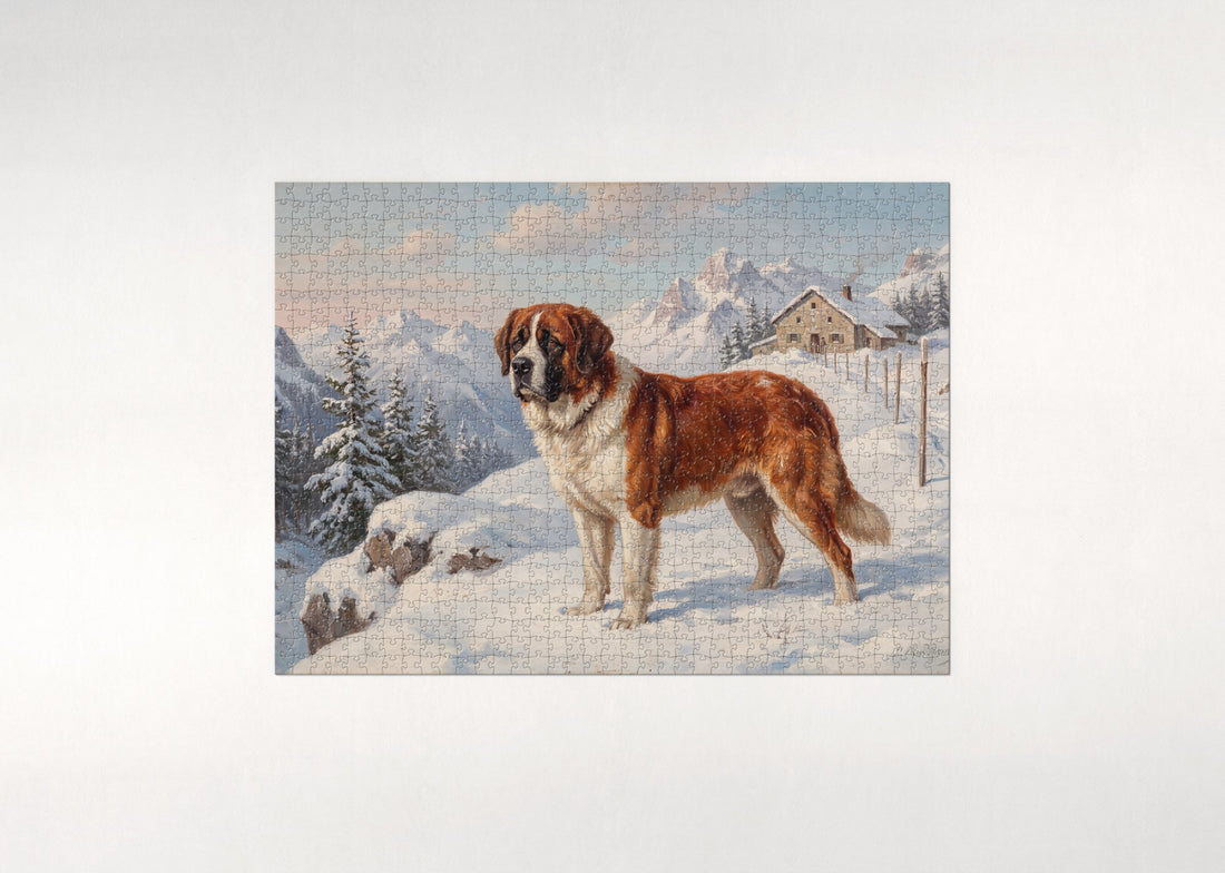 Saint Bernard on the Snowy Mountain Pass jigsaw puzzle - gift box