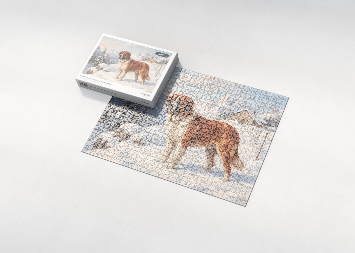 Saint Bernard on the Snowy Mountain Pass jigsaw puzzle - box and puzzle