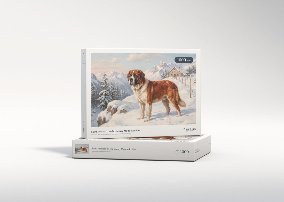 Saint Bernard on the Snowy Mountain Pass jigsaw puzzle - gift box