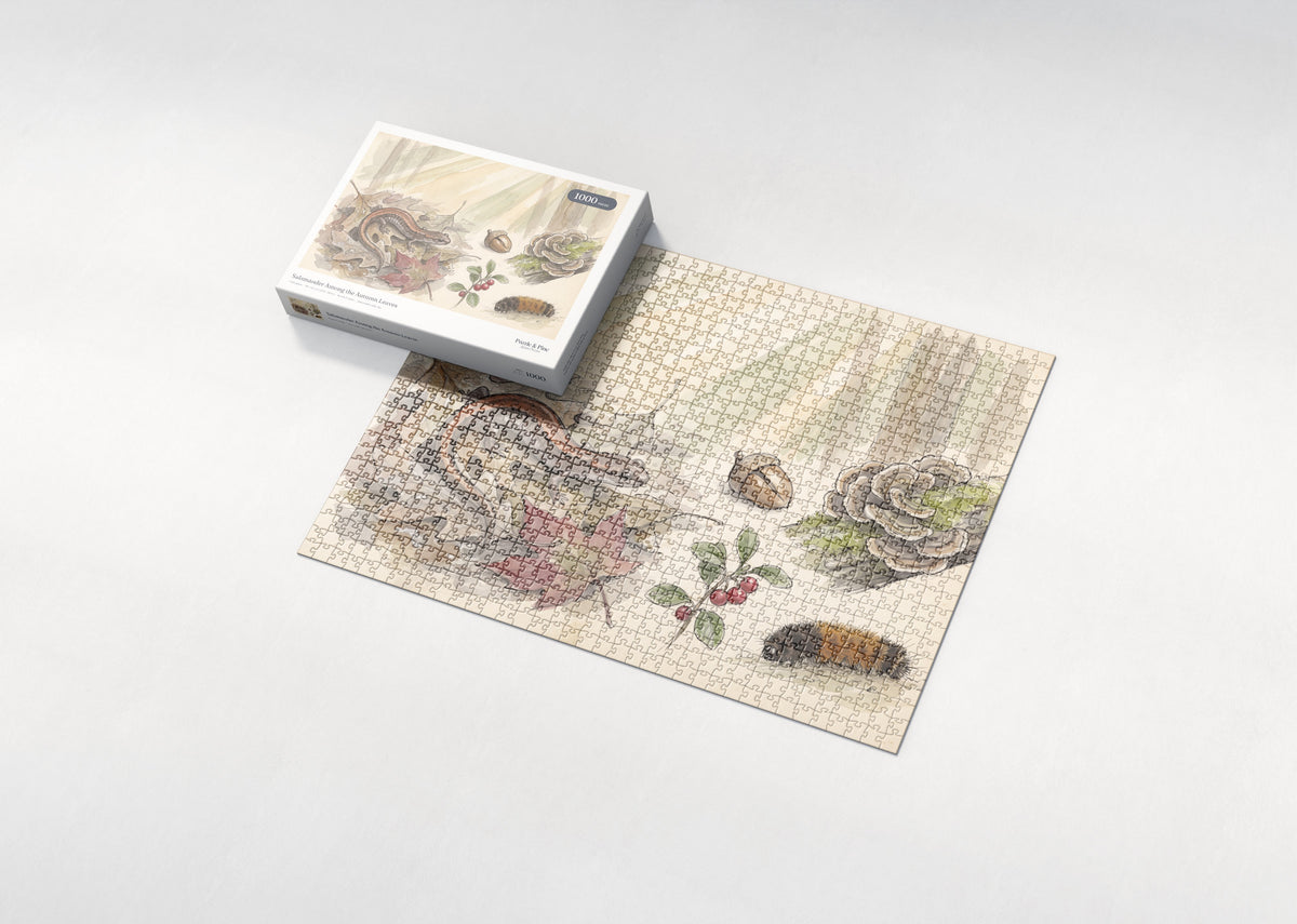 Salamander Among the Autumn Leaves jigsaw puzzle - box and puzzle