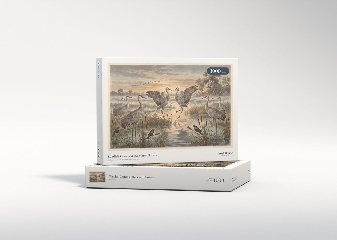 Sandhill Cranes at the Marsh Sunrise jigsaw puzzle - gift box