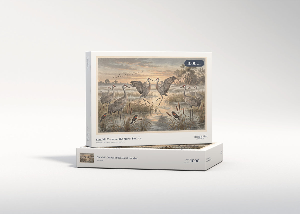 Sandhill Cranes at the Marsh Sunrise jigsaw puzzle - gift box