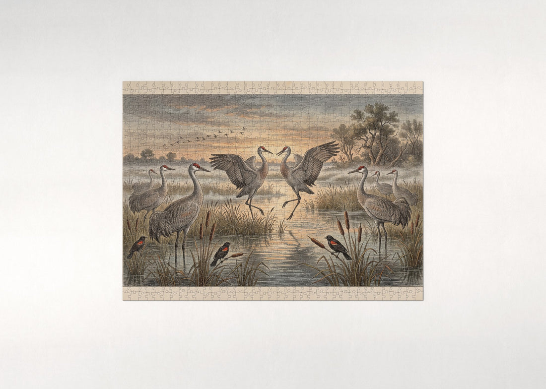 Sandhill Cranes at the Marsh Sunrise jigsaw puzzle - gift box
