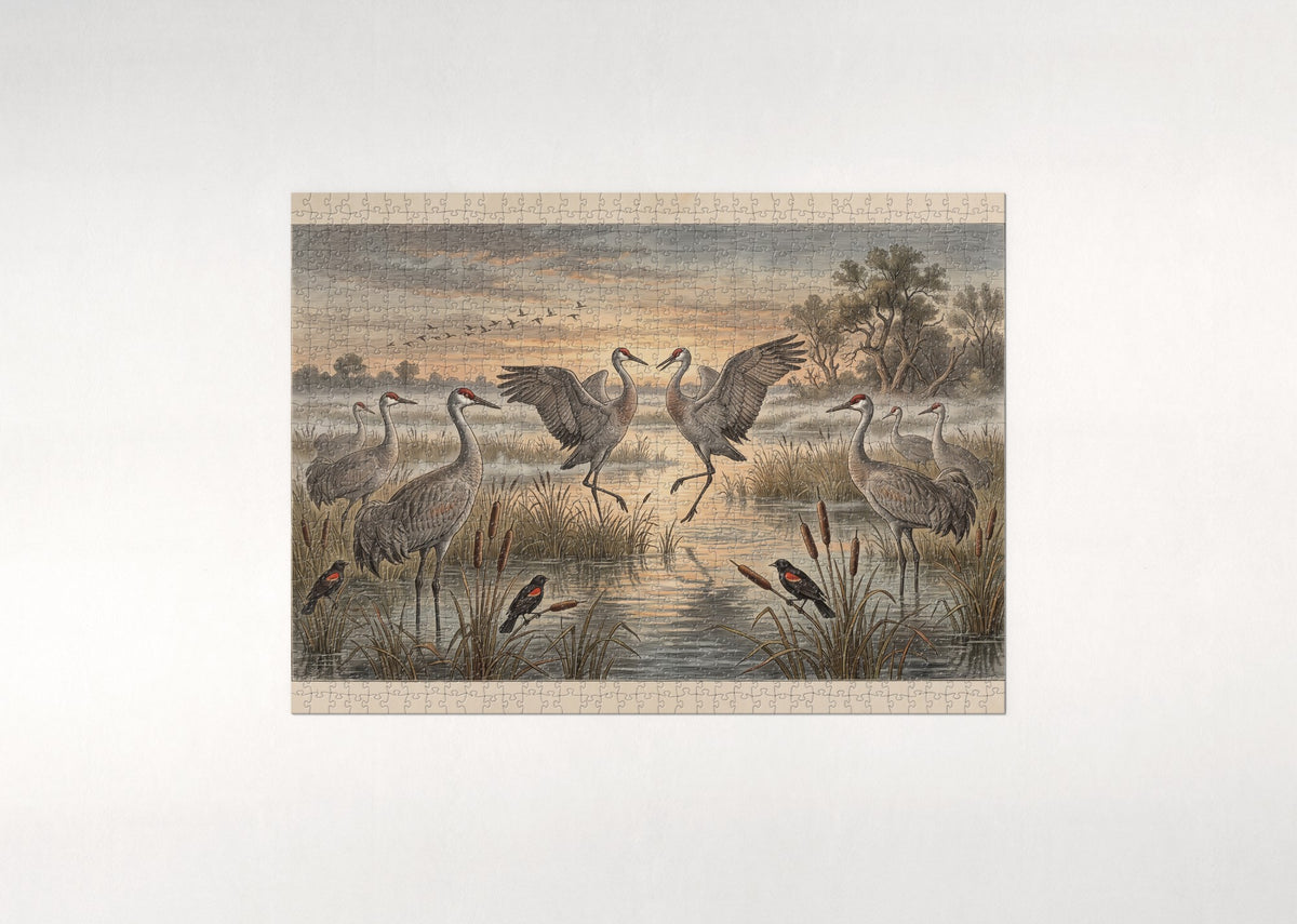 Sandhill Cranes at the Marsh Sunrise jigsaw puzzle - flat puzzle