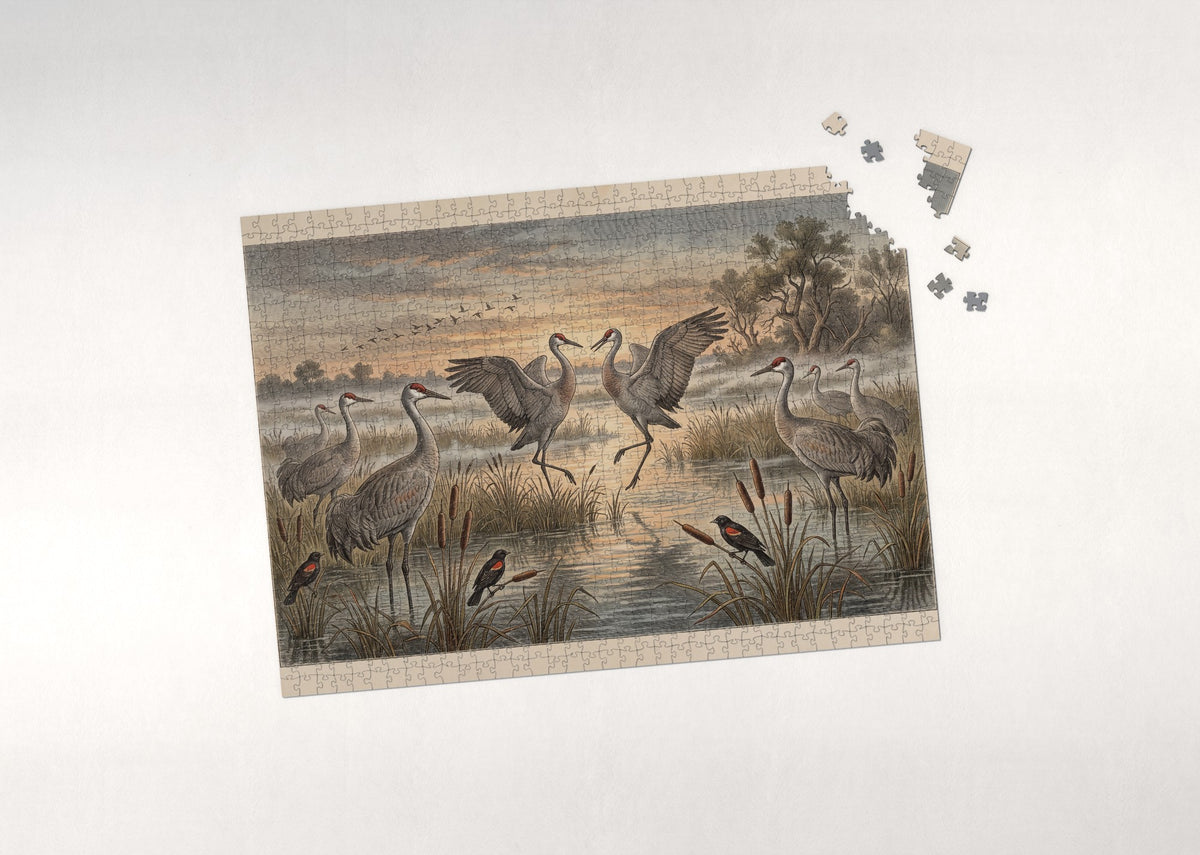 Sandhill Cranes at the Marsh Sunrise jigsaw puzzle - puzzle with loose pieces