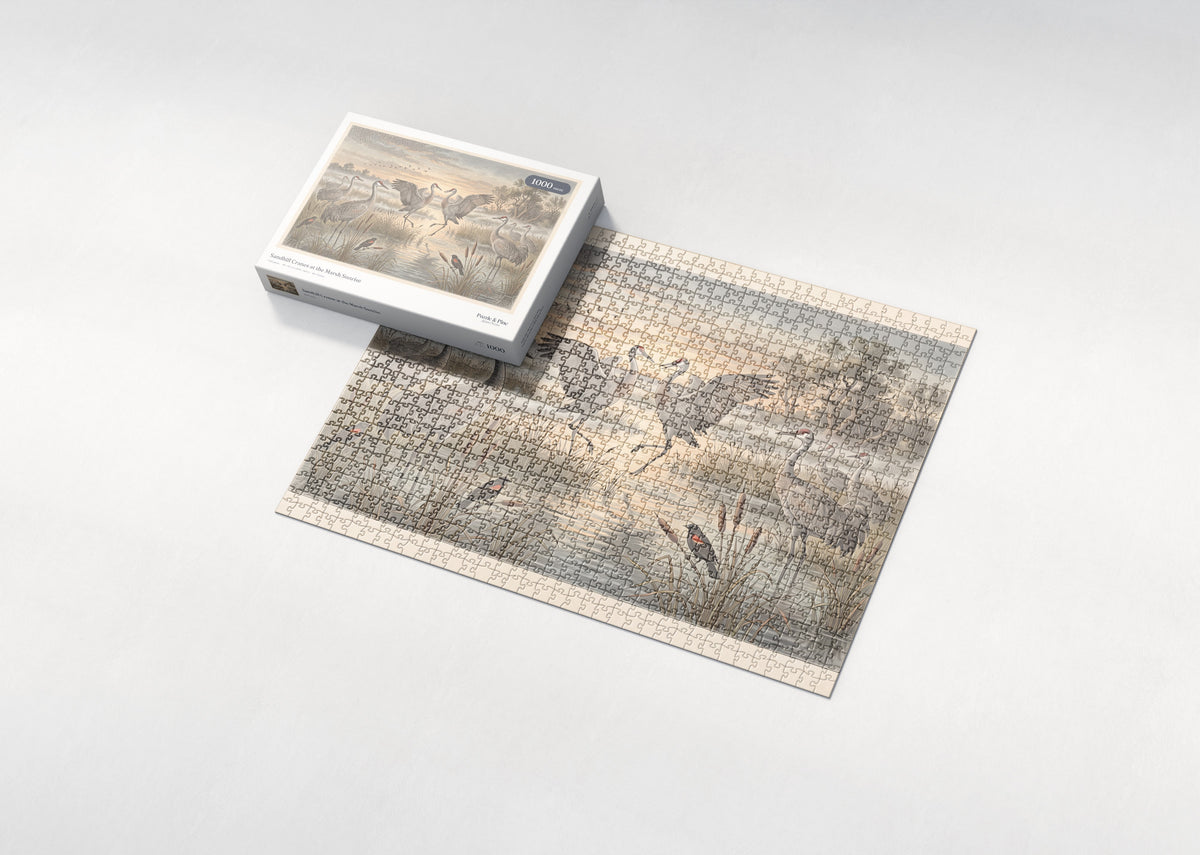 Sandhill Cranes at the Marsh Sunrise jigsaw puzzle - box and puzzle