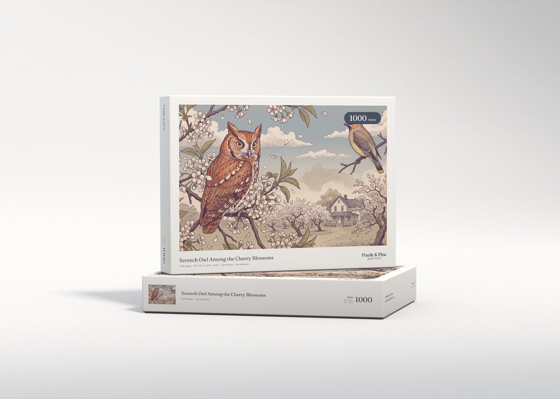 Screech Owl Among the Cherry Blossoms jigsaw puzzle - gift box