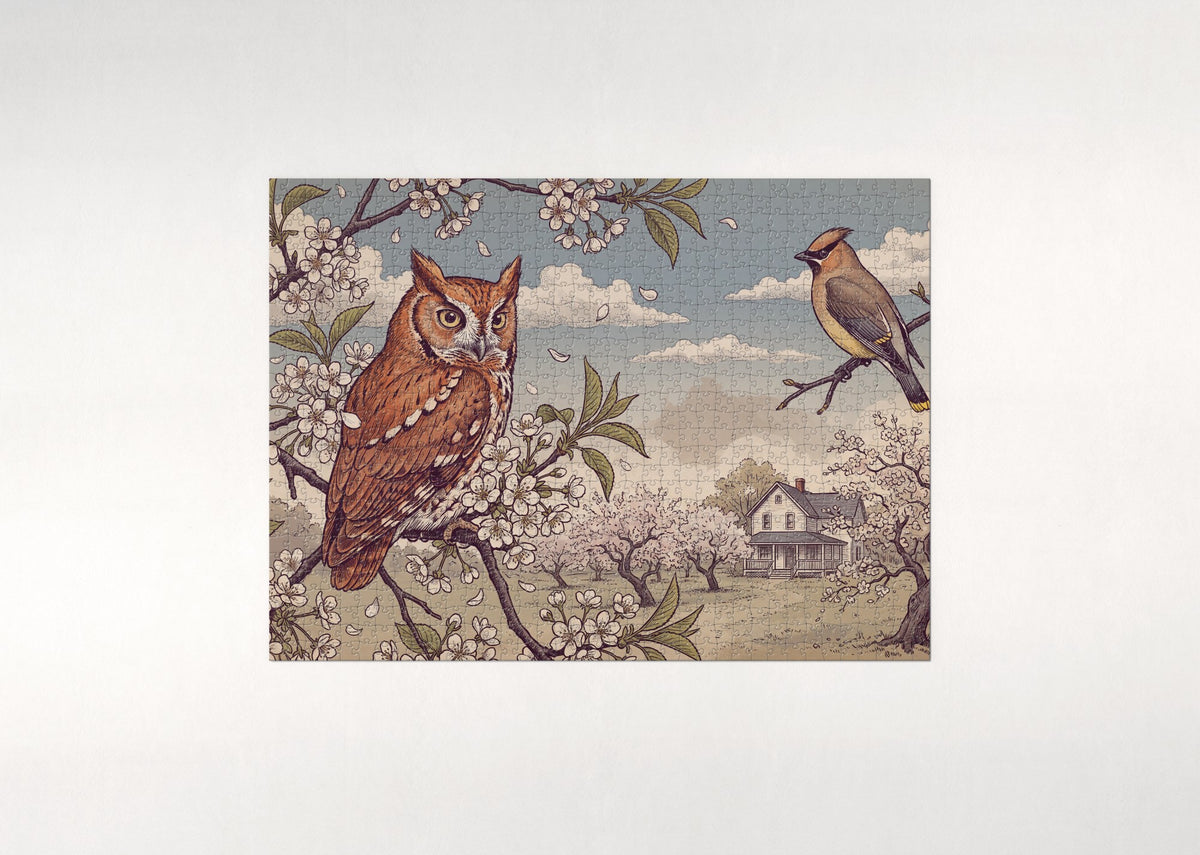 Screech Owl Among the Cherry Blossoms jigsaw puzzle - flat puzzle