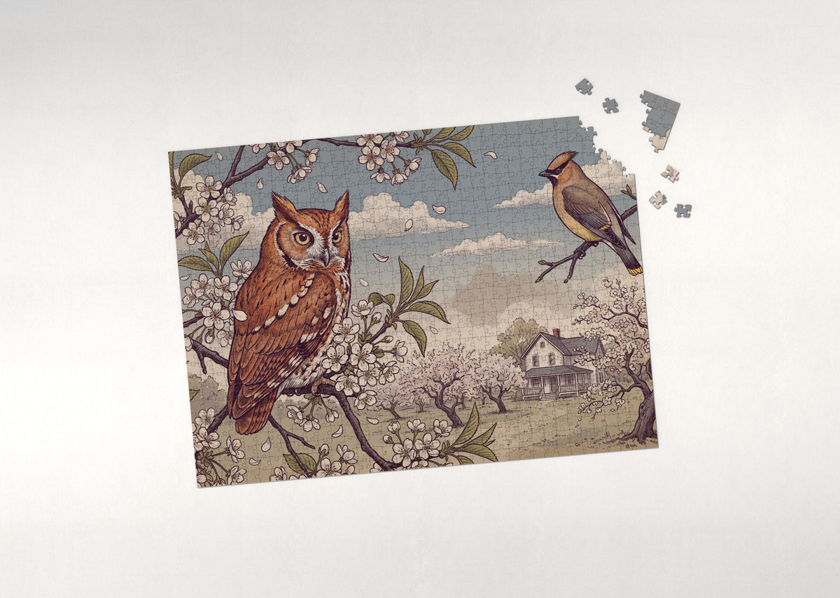 Screech Owl Among the Cherry Blossoms jigsaw puzzle - puzzle with loose pieces