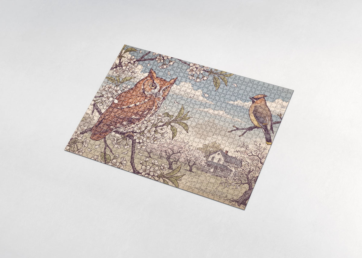 Screech Owl Among the Cherry Blossoms jigsaw puzzle - assembled puzzle