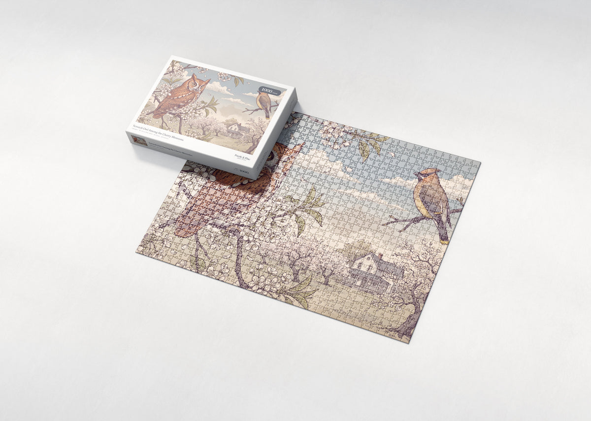 Screech Owl Among the Cherry Blossoms jigsaw puzzle - box and puzzle