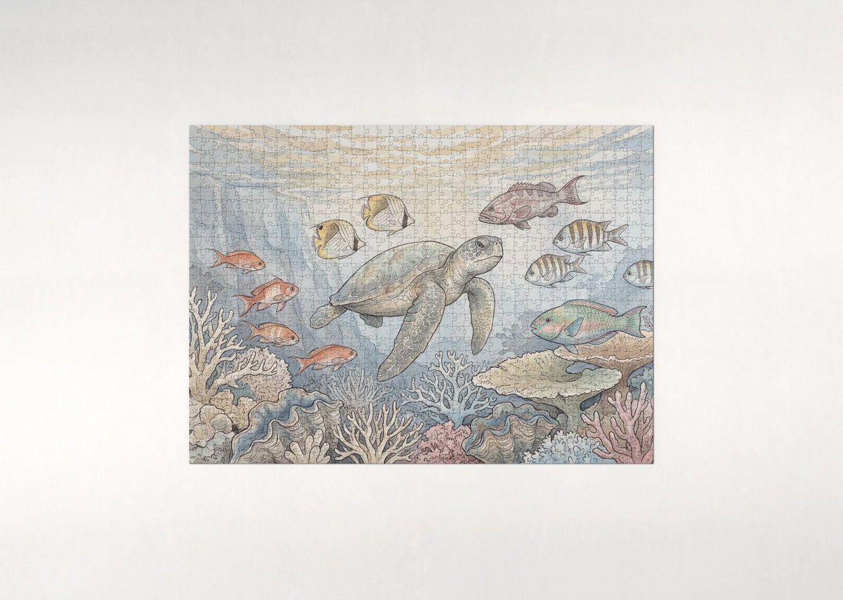 Sea Turtle Among the Tropical Fish jigsaw puzzle - flat puzzle