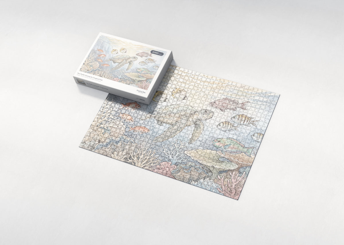 Sea Turtle Among the Tropical Fish jigsaw puzzle - box and puzzle