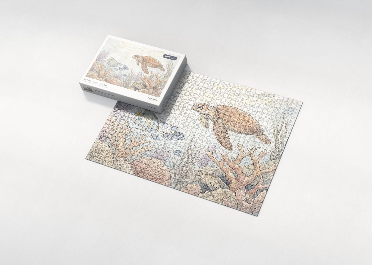 Sea Turtle Over the Coral Reef jigsaw puzzle - box and puzzle