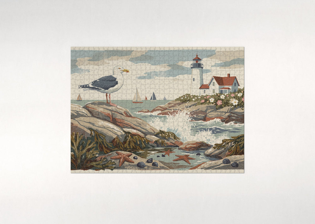 Seagull at the Lighthouse Rocks jigsaw puzzle - flat puzzle