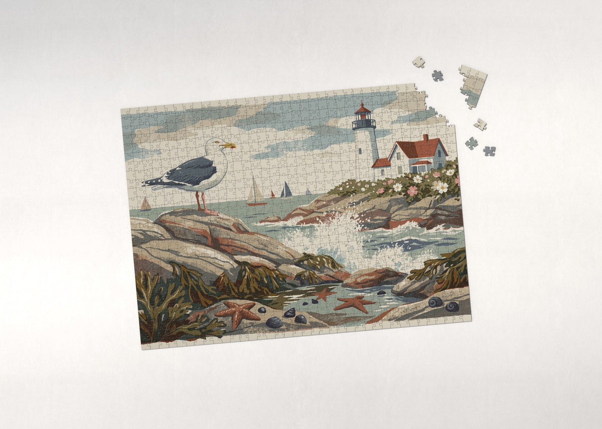 Seagull at the Lighthouse Rocks jigsaw puzzle - puzzle with loose pieces