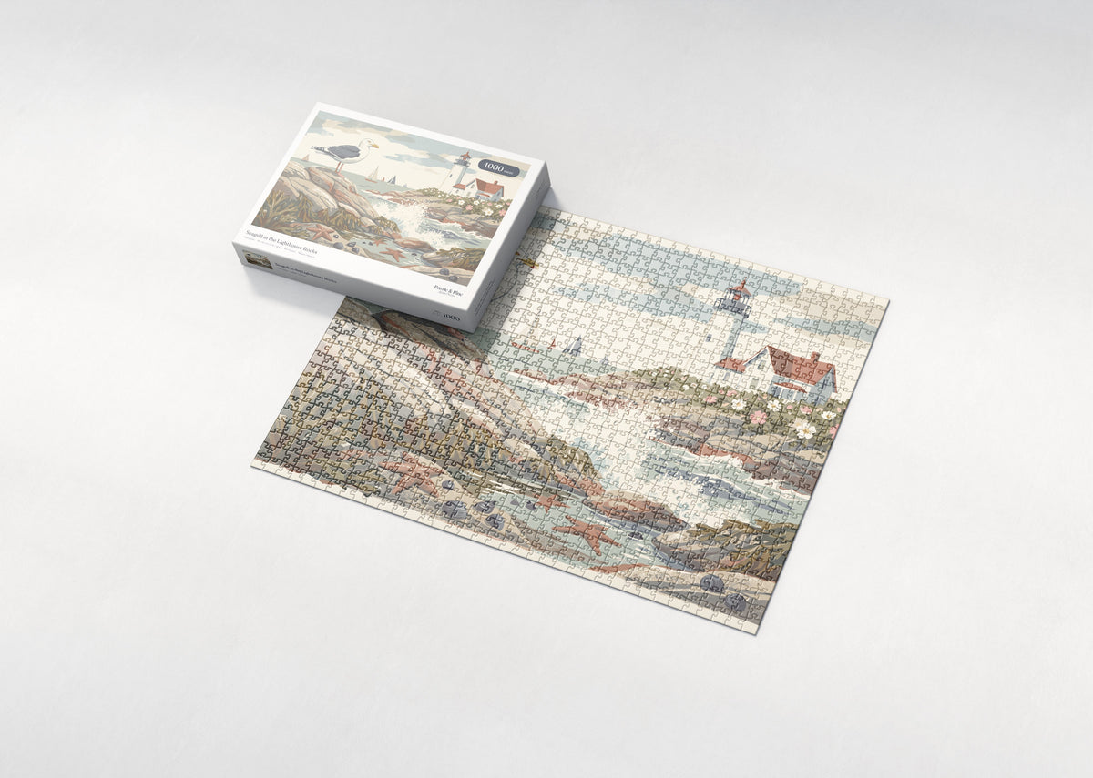 Seagull at the Lighthouse Rocks jigsaw puzzle - box and puzzle