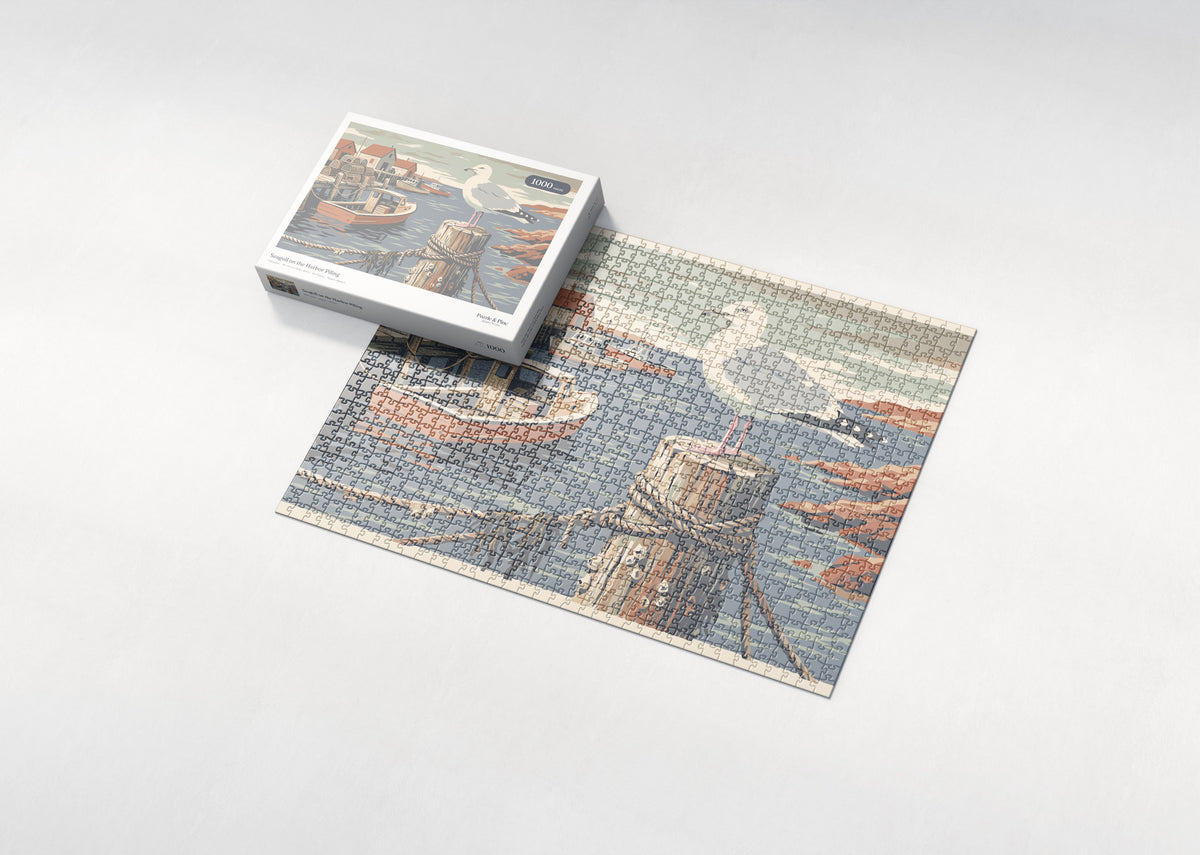 Seagull on the Harbor Piling jigsaw puzzle - box and puzzle