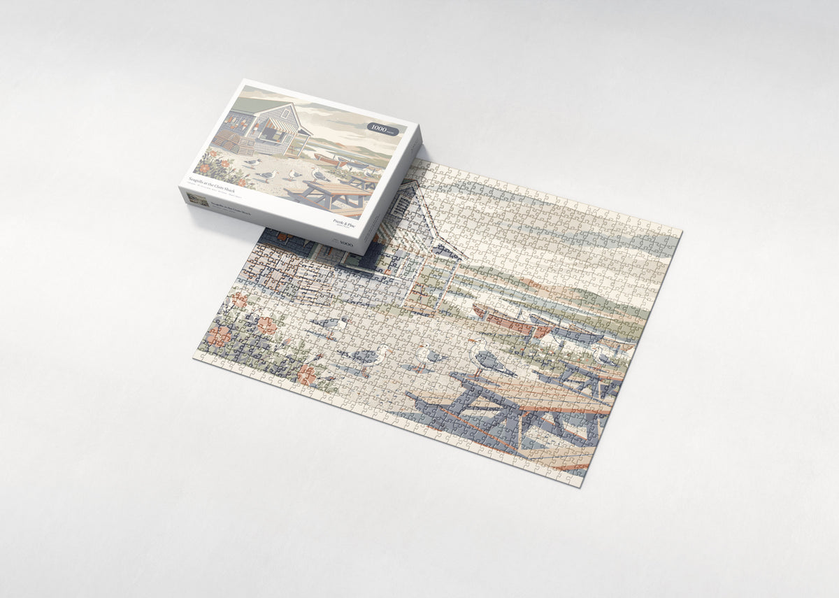 Seagulls at the Clam Shack jigsaw puzzle - box and puzzle