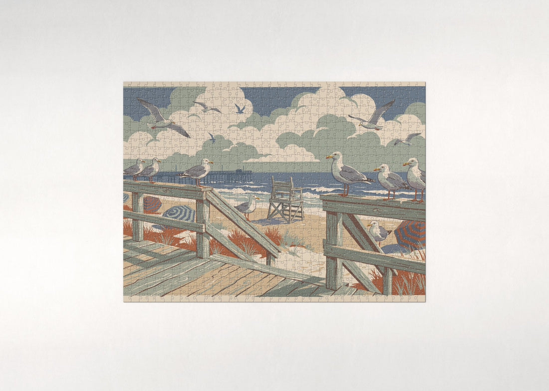 Seagulls at the Seaside Boardwalk jigsaw puzzle - gift box