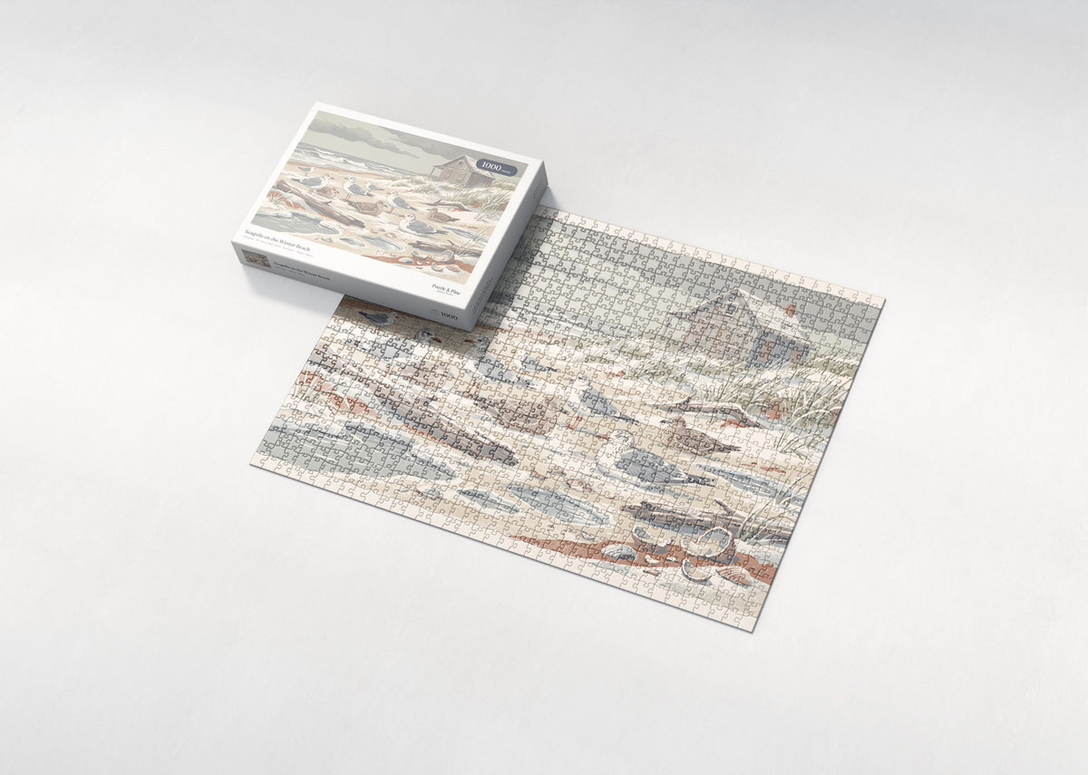 Seagulls on the Winter Beach jigsaw puzzle - box and puzzle