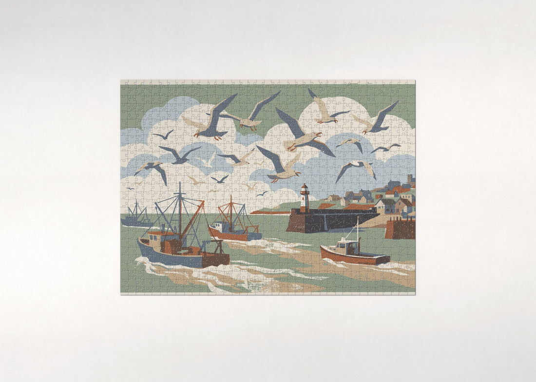 Seagulls Over the Fishing Boats jigsaw puzzle - gift box