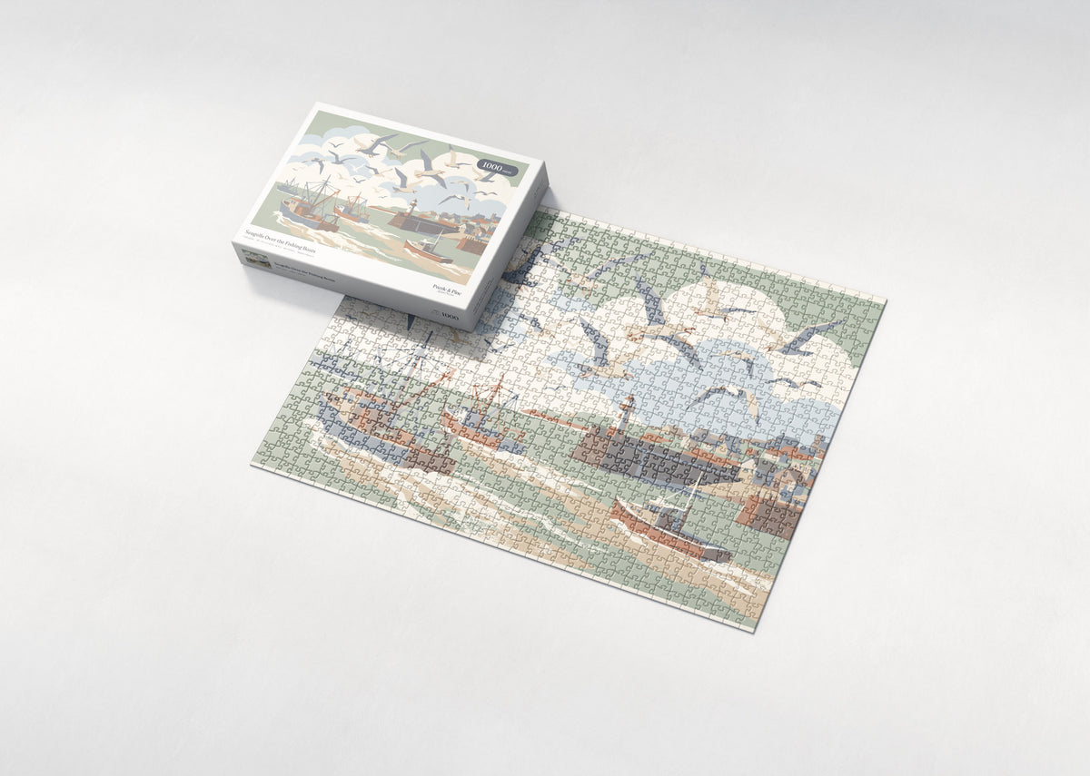 Seagulls Over the Fishing Boats jigsaw puzzle - box and puzzle