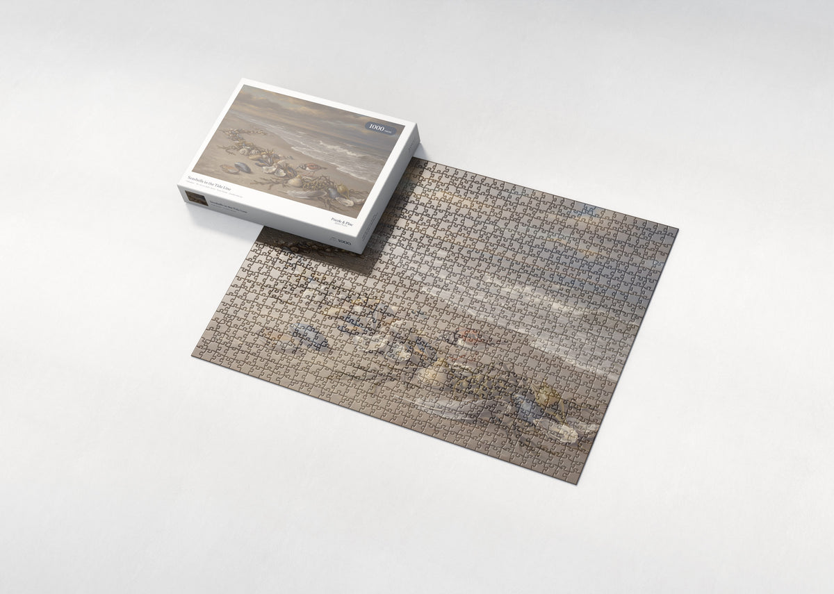 Seashells in the Tide Line jigsaw puzzle - box and puzzle