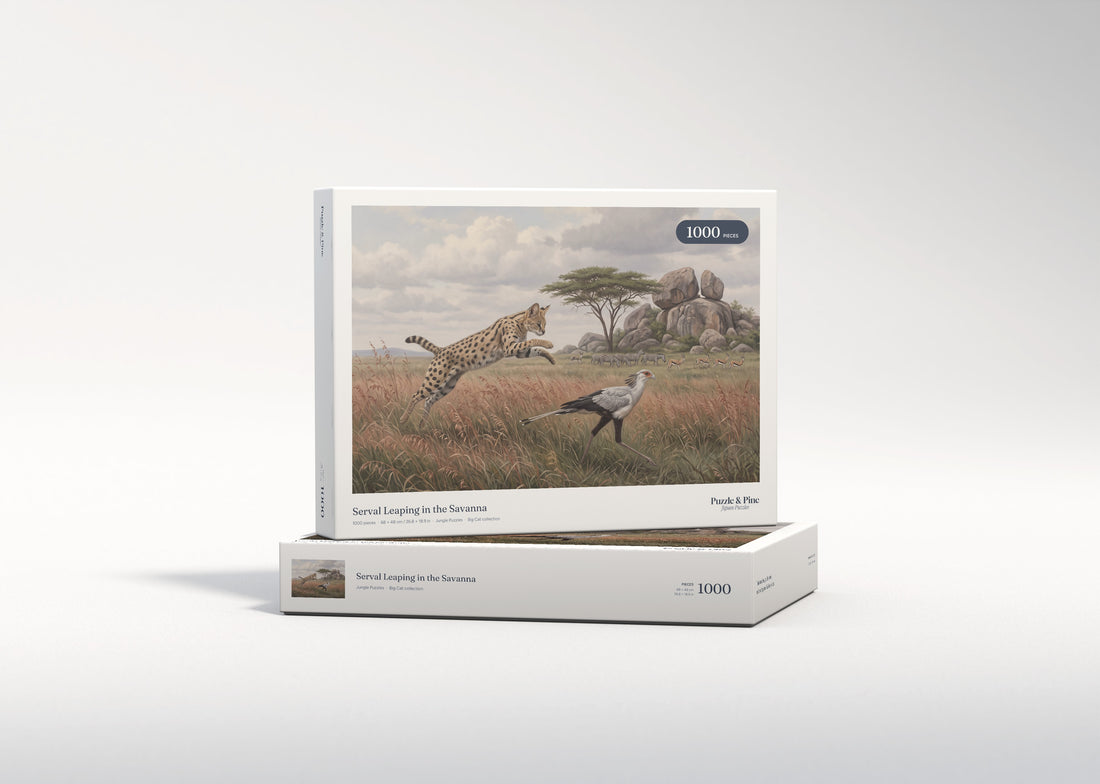 Serval Leaping in the Savanna jigsaw puzzle - gift box