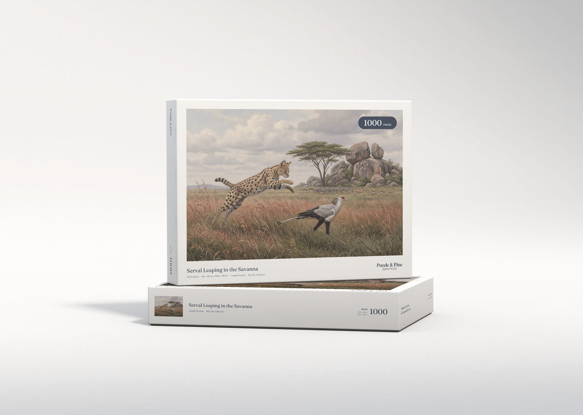 Serval Leaping in the Savanna jigsaw puzzle - gift box