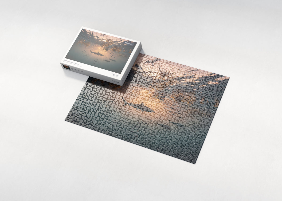 Shark Silhouette at Sunset jigsaw puzzle - box and puzzle