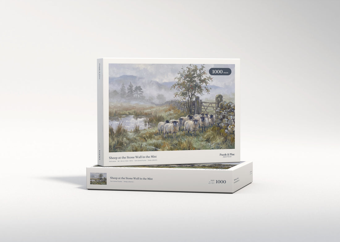 Sheep at the Stone Wall in the Mist jigsaw puzzle - gift box