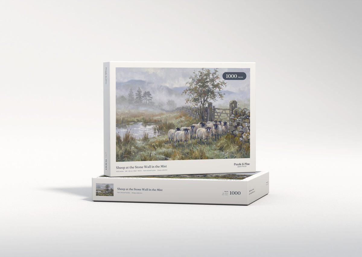 Sheep at the Stone Wall in the Mist jigsaw puzzle - gift box