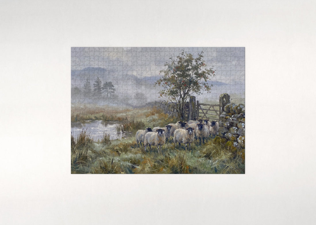 Sheep at the Stone Wall in the Mist jigsaw puzzle - gift box