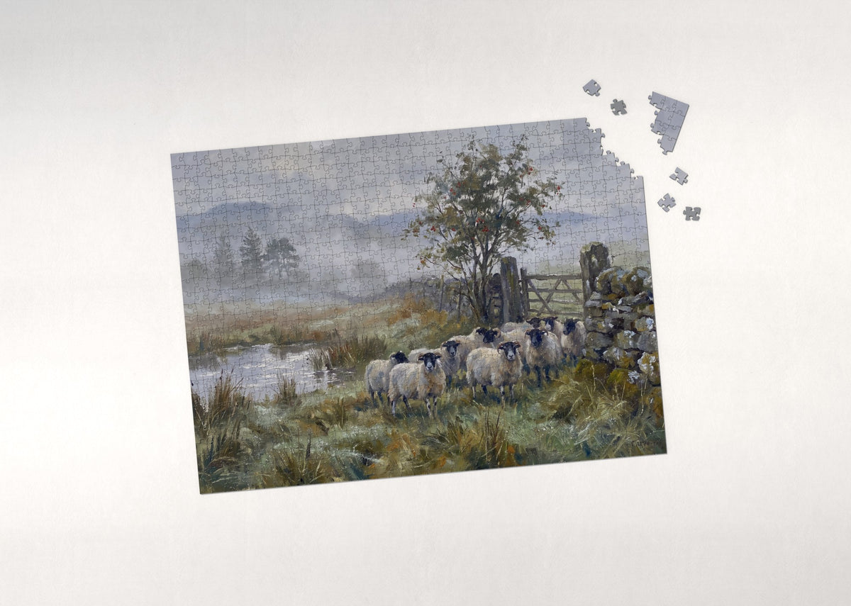 Sheep at the Stone Wall in the Mist jigsaw puzzle - puzzle with loose pieces