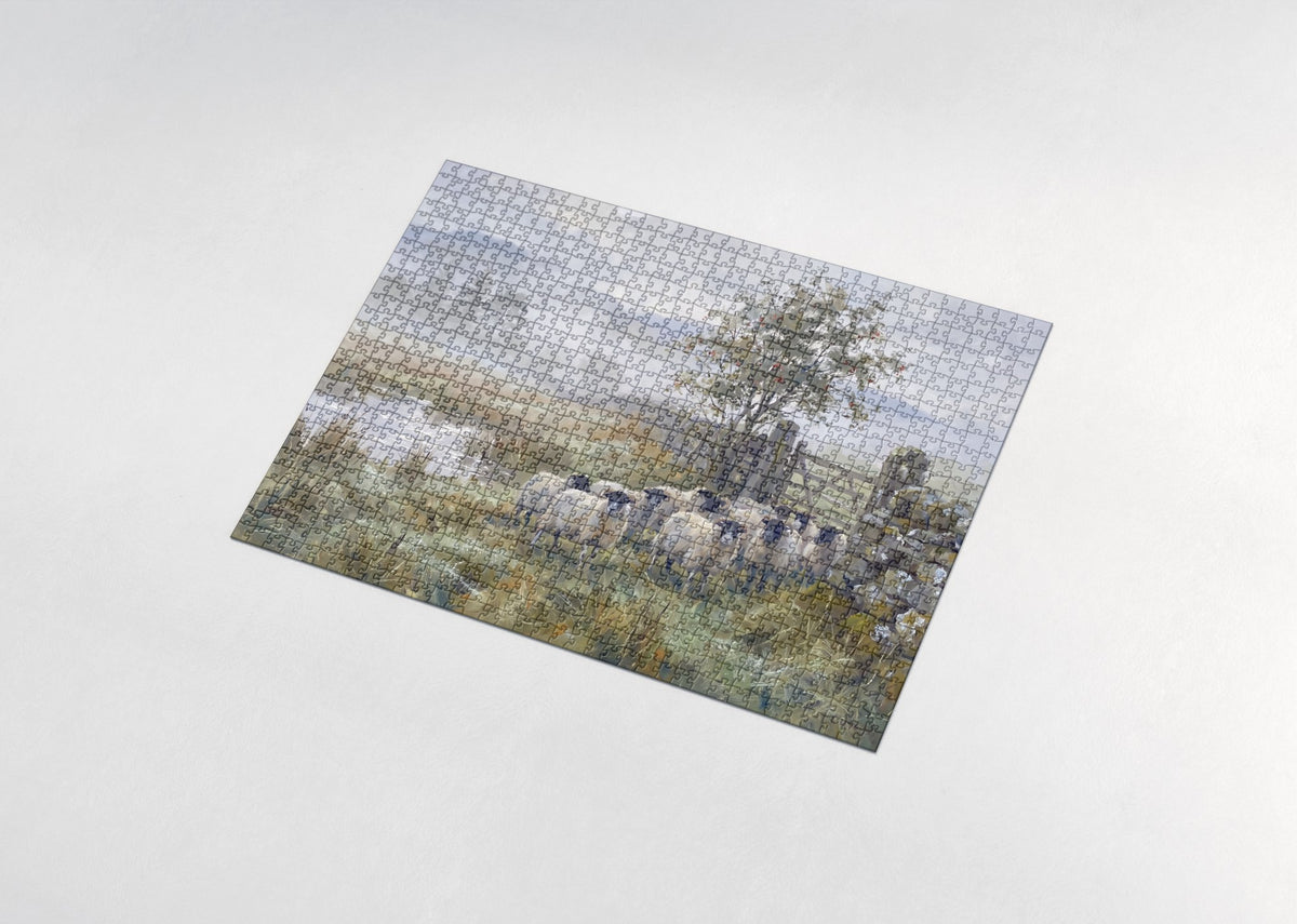 Sheep at the Stone Wall in the Mist jigsaw puzzle - assembled puzzle