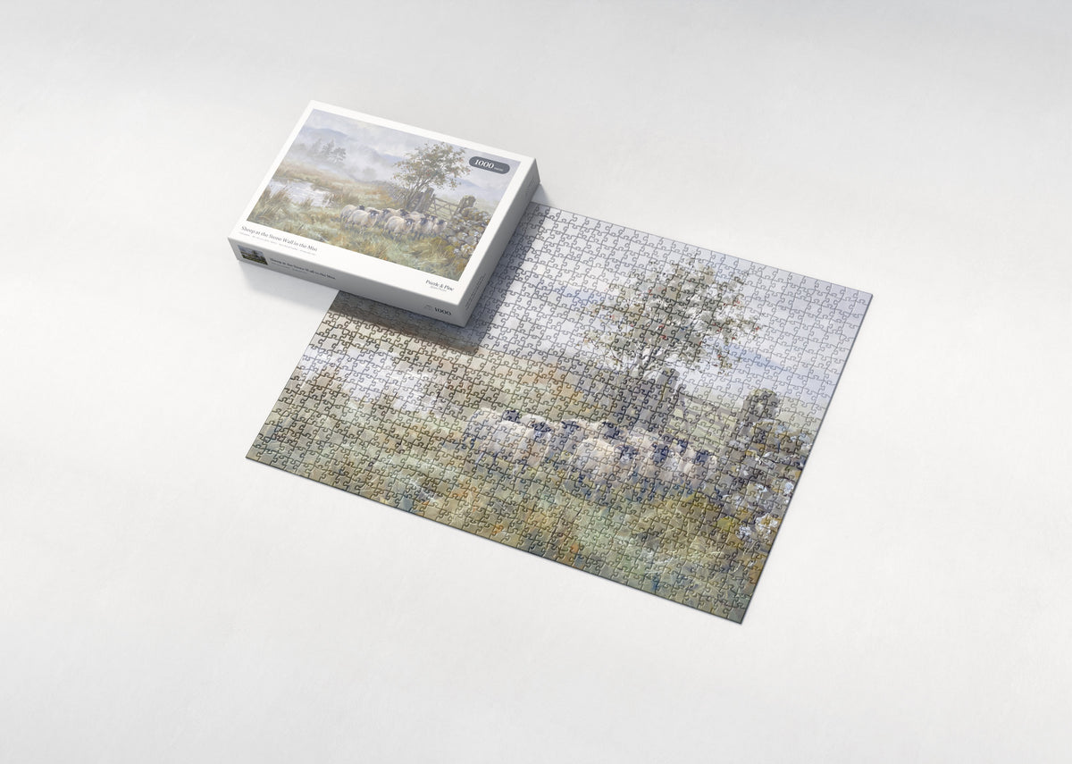 Sheep at the Stone Wall in the Mist jigsaw puzzle - box and puzzle