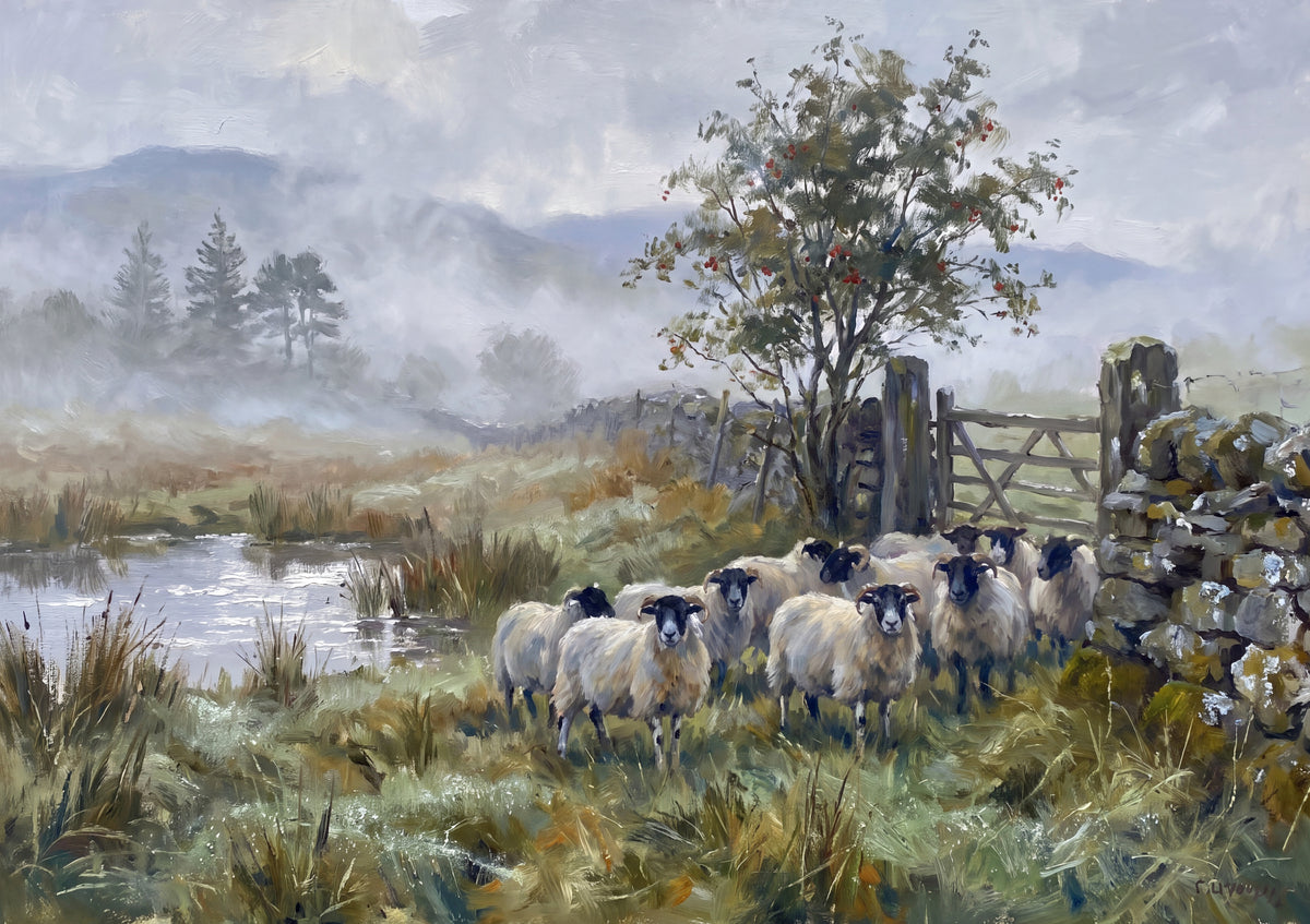 Sheep at the Stone Wall in the Mist jigsaw puzzle