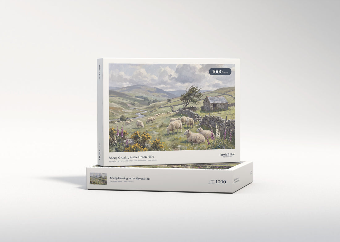 Sheep Grazing in the Green Hills jigsaw puzzle - gift box