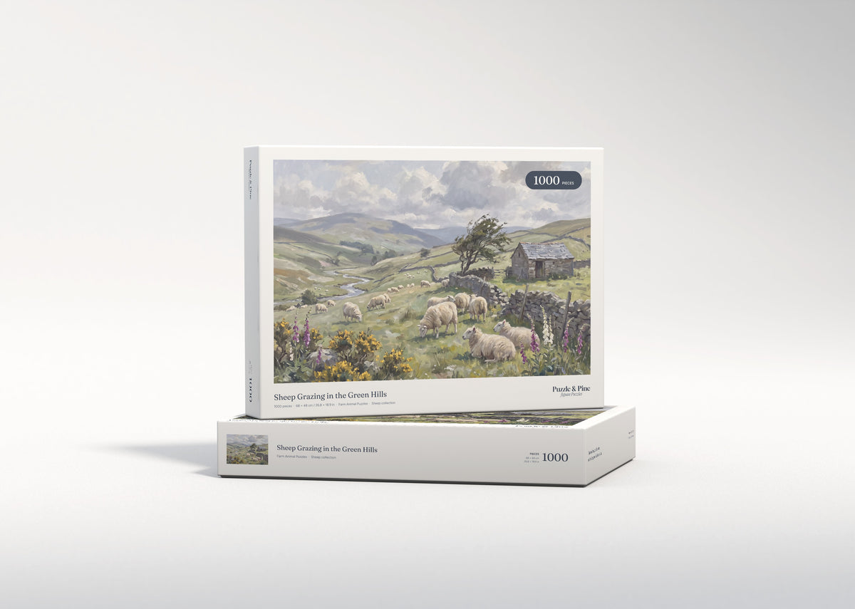 Sheep Grazing in the Green Hills jigsaw puzzle - gift box