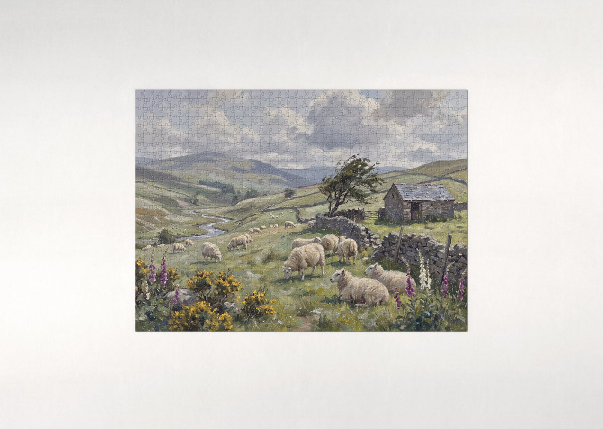 Sheep Grazing in the Green Hills jigsaw puzzle - flat puzzle