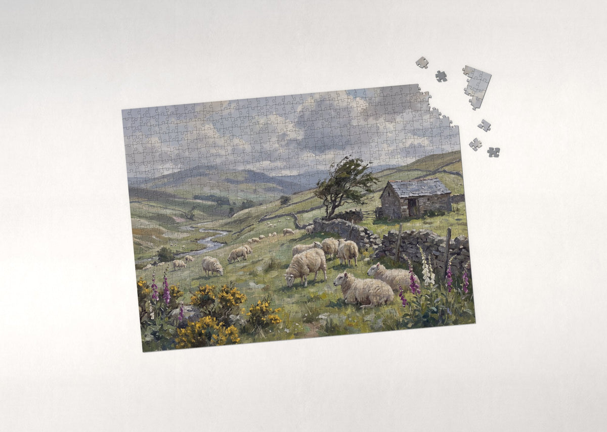 Sheep Grazing in the Green Hills jigsaw puzzle - puzzle with loose pieces