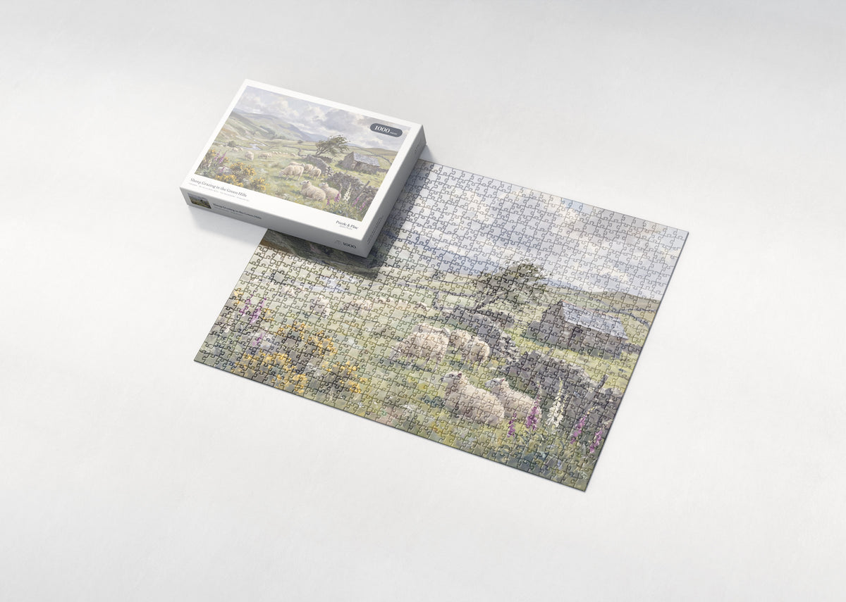 Sheep Grazing in the Green Hills jigsaw puzzle - box and puzzle