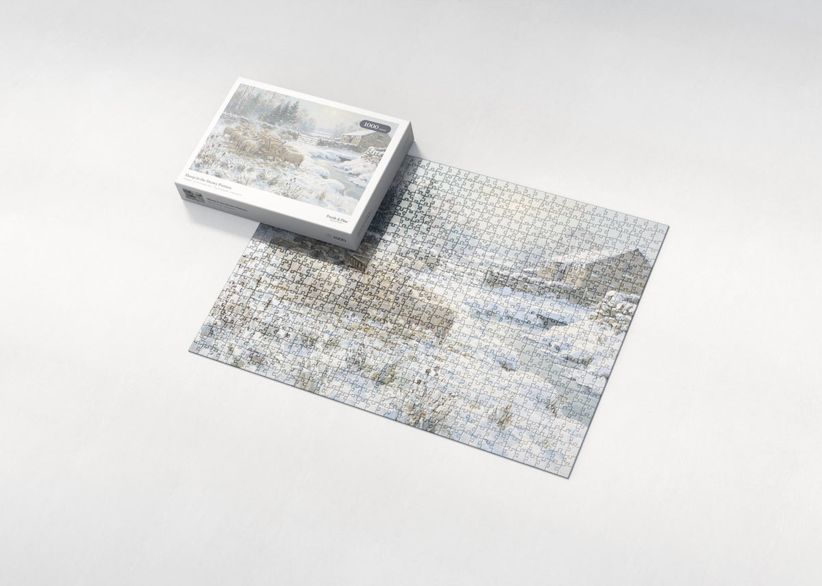 Sheep in the Snowy Pasture jigsaw puzzle - box and puzzle