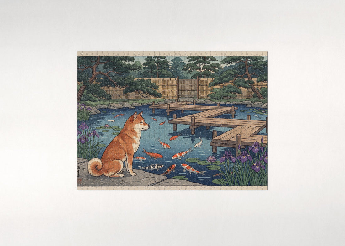 Shiba Inu by the Koi Pond jigsaw puzzle - gift box